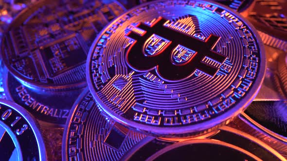 Bitcoin BTC Macro Shot of Coin in Blue and Gold Light