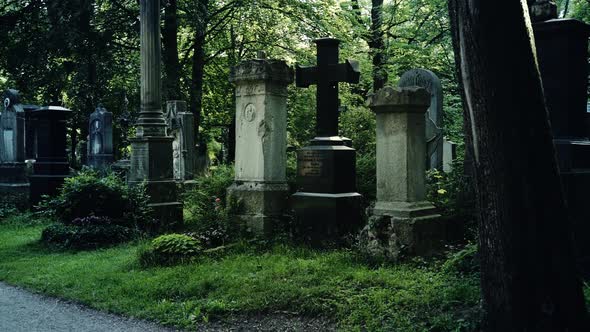 Misterious Walk Around Graves in European Old Cemetry.