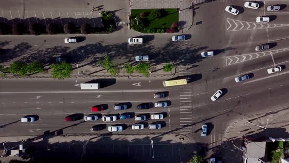 Drone's Eye View - Aerial View of Downtown Traffic on the Freeway on a Sunny Day