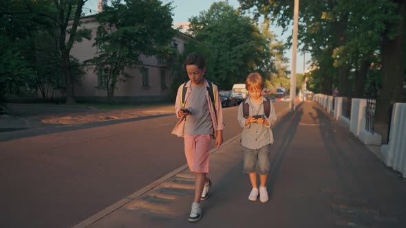 The Schoolboys Returning From School in a Sunset Time