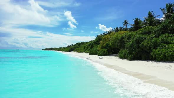 Aerial drone tourism of tranquil resort beach break by shallow sea with clean sandy background of ad