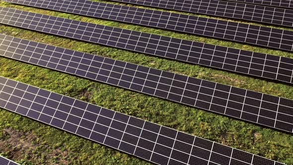 Close up solar power station panels in a row in the fields green energy at sunset