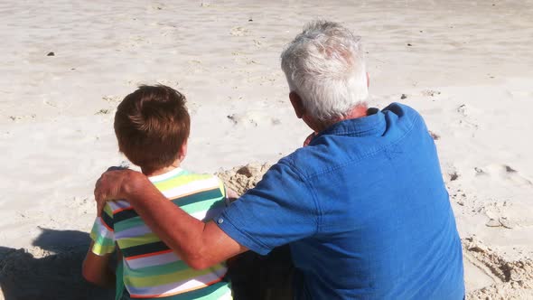 Grandfather and grandson interacting with each other at the beach