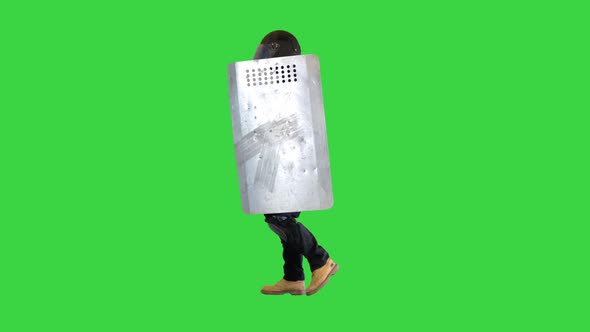 Riot Police Unit Walking with a Shield and Baton on a Green Screen Chroma Key