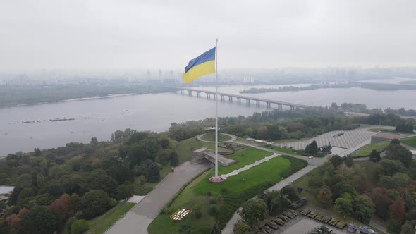 Aerial View of the Flag of Ukraine in Kyiv. Slow Motion. Kiev