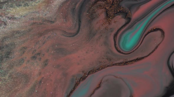 Turquoise, copper, black colors oil paint pouring close up. Fluid Art painting