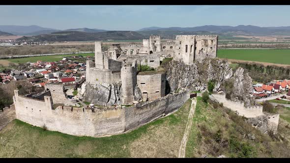 Aerial view of Beckov Castle in the village of Beckov in Slovakia