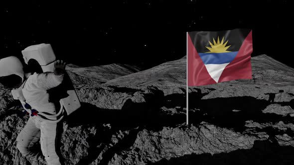 Antigua And Barbuda Flag on Moons Surface With Floating Astronaut