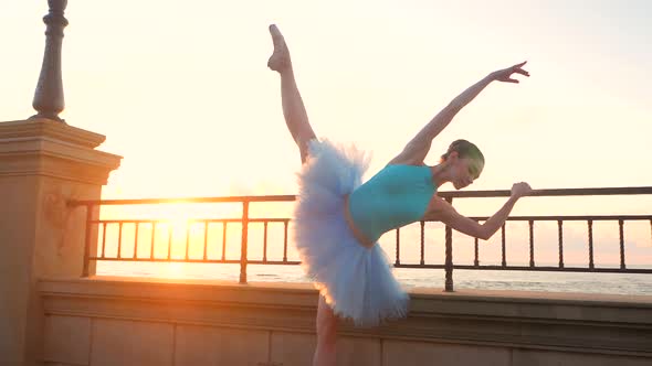 Ballerina Blue Ballet Tutu Point Embankment Above Ocean Sea Sunrise