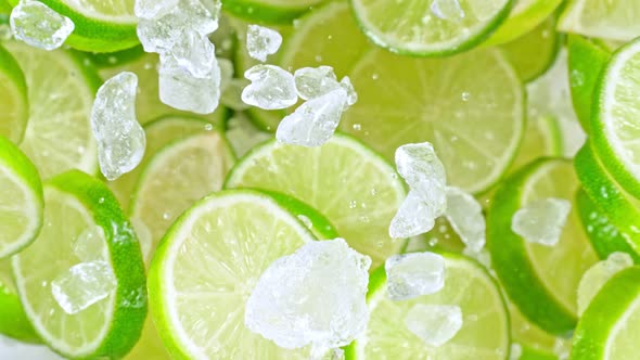 Super Slow Motion Shot of Flying Fresh Lime Slices and Crushed Ice Towards Camera at 1000Fps