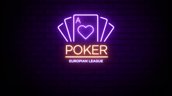 Poker Europian League Neon Sign on Brick Wall Background 4K