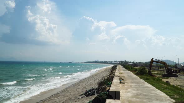 Coastline outside Phan Rang with signs of overbuilding. Vietnam. Static view