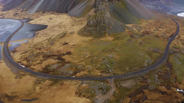 Aerial of an Empty Road Near Eystrahorn Mountain