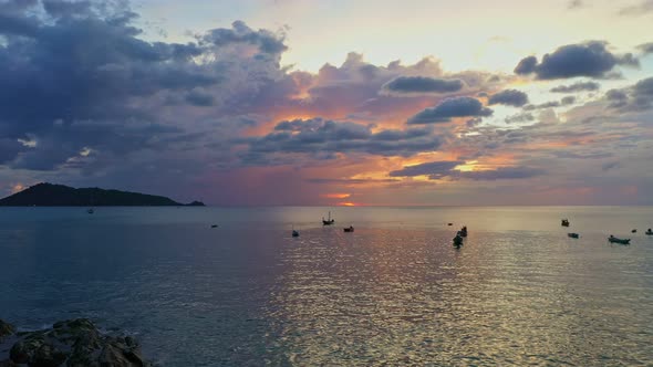 Aerial View Sweet Gradient Sky Of Sunset Over Kalim Beach.