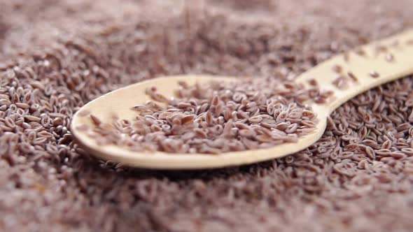 Whole psyllium seeds fall into a wooden spoon in slow motion. Organic dietary fiber. Macro
