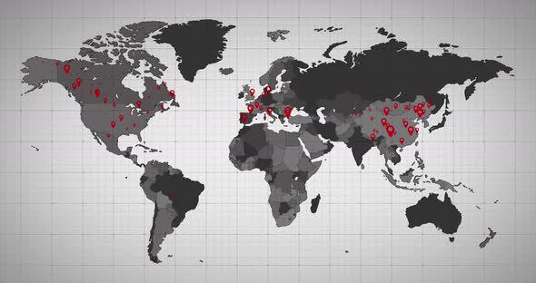 Animation of the world map and countries turning red through circles in a white background