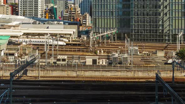 time lapse of the train approaching to the Tokyo railway station, Japan