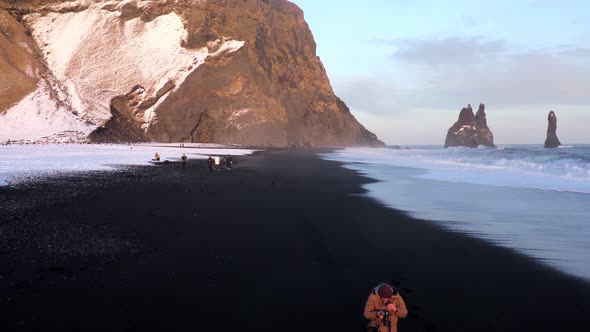 Reynisdrangar Columns and the Black Sand Beach in Iceland