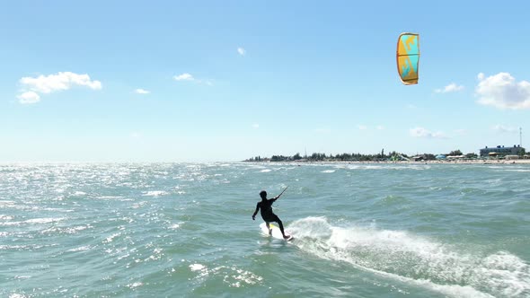 Sunny Day Sea Kite Surfer Is Gliding Sea Beautiful View