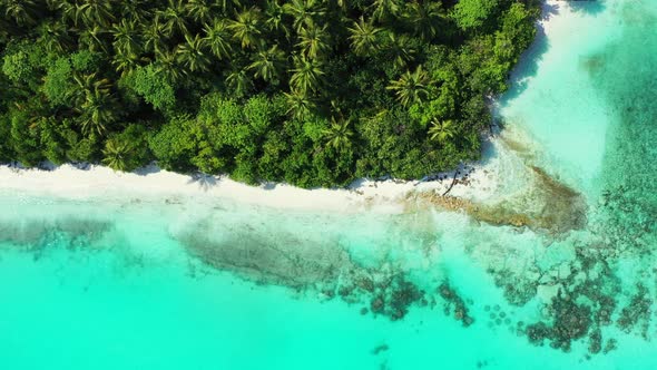 Luxury fly over abstract view of a white sand paradise beach and blue sea background in colourful