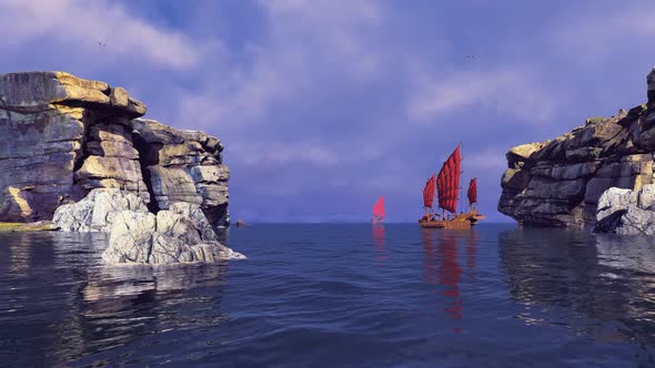 Ships With Red Sails Near The Island