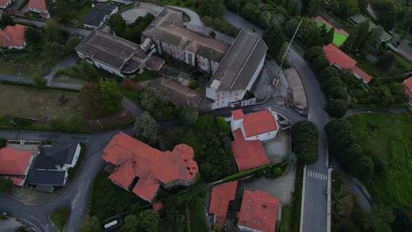 Aerial drone view over Caramulo Sanatorium old and abandoned building. Portugal