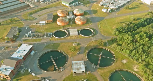 Aerial Panoramic View of Round Sedimentation Tanks with Facilities Water Treatment Facilities Sewage