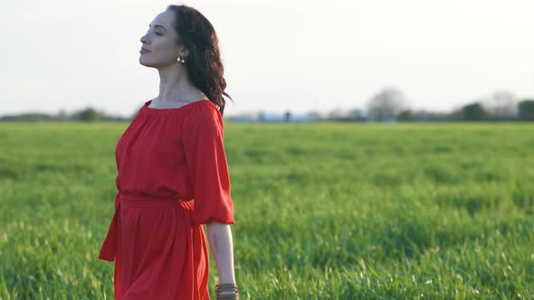 Beautiful Young Woman in a Red Dress Walks in a Green Wheat Field at Sunset or Dawn