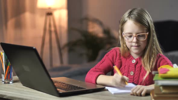 Lovely Little Girl E-learning with Laptop at Home