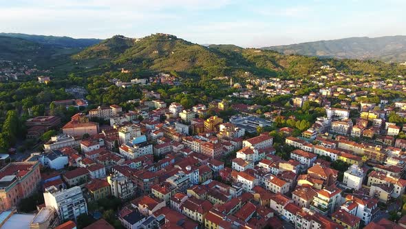 Aerial Panorama of the Italian City in the Mountains in the Light of the Setting Sun