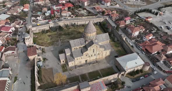 Aerial view of Orthodox Svetitskhoveli Cathedral in Mtskheta, Georgia