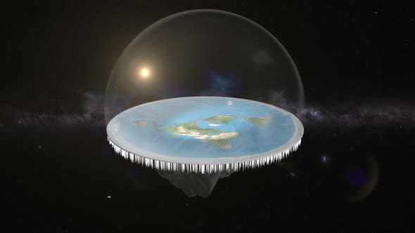 Flat Earth in cosmos. Overview of flat Earth slowly rotating in space. Raw uncolored footage alt