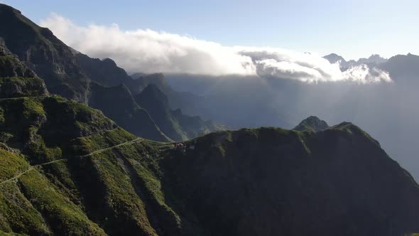 Flying over the green hills of Madeira, Portugal