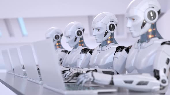 Robots working with laptops alt