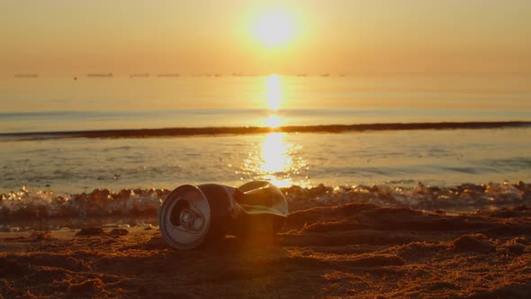 Man Volunteer Cleans Dirty Beach From Plastic Bottles Various Garbage Seashore