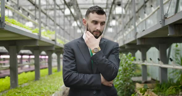 Portrait of Successful Caucasian Businessman Posing in His Own Glasshouse, Young Confident Man 