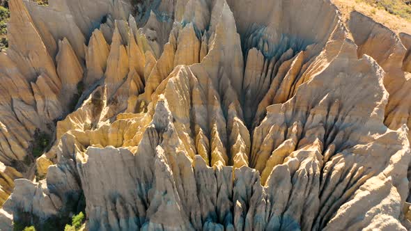 Aerial view of Clay Cliffs, touristic destination at Otago, New Zealand.