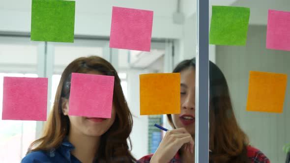 Creative design woman use sticky note thinking share ideas