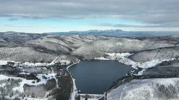 Aerial view of the Palcmanska Masa reservoir in the village of Dedinky in Slovakia