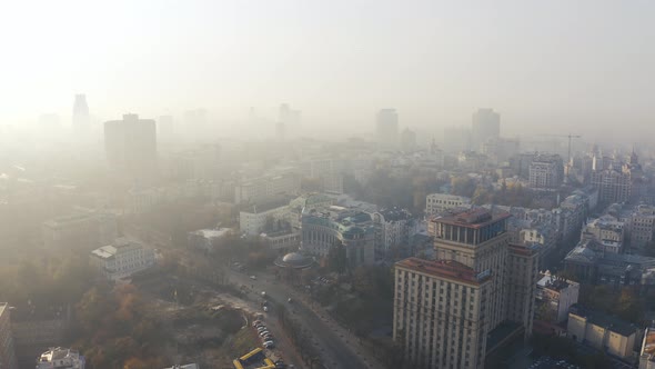 Institutska Street and Kreshchatyk Metro Station at Foggy Weather. Problem of Pollution