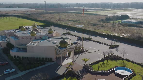 Gurdwara Nanak Niwas building, Indian Cultural Centre of Canada. Aerial drone view