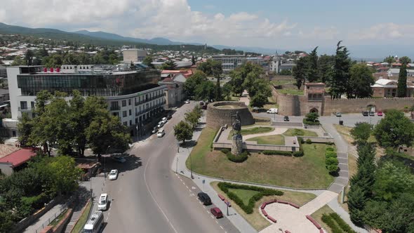 Aerial view of Monument of King Erekle II in Telavi. flying over Batonis Tsikhe