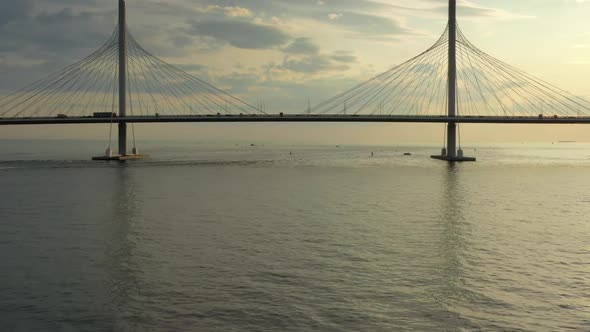 Aerial View of Cablestayed Bridge During Sunset