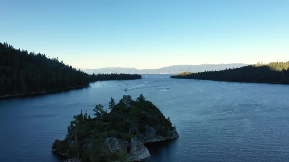 Picturesque Sunset And Island Of Emerald Bay In Lake Tahoe - aerial shot