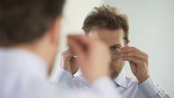 Middle-Aged Man Complaining About Poor Eyesight and Picking Up Glasses, Eyesight