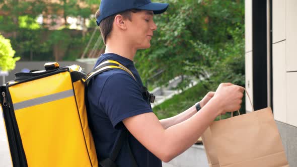 Smiling Food Delivery Man Courier with Thermal Backpack Deliver Order Woman