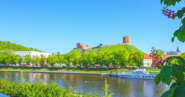 City center in Vilnius, Lithuania at spring, Neris river, 4K panning timelapse