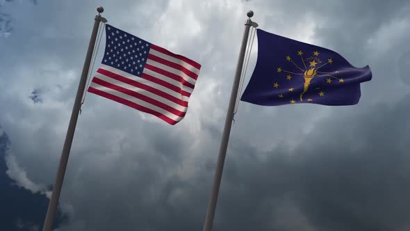 Waving Flags Of The United States And Indiana State Flag 2K