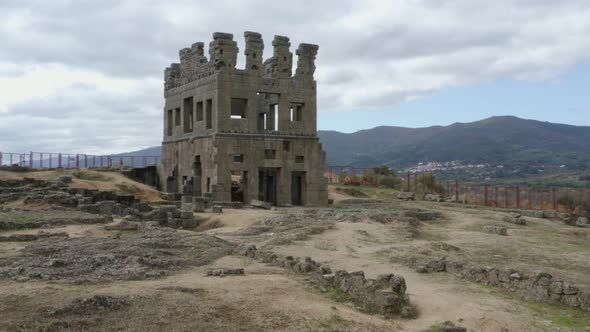 Centum Cellas mysterious ancient tower drone aerial view in Belmonte, Portugal