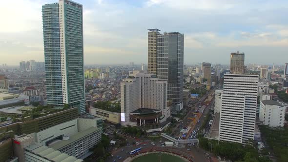 Aerial view of a roundabout on an Asian city, Jakarta, Indonesia.